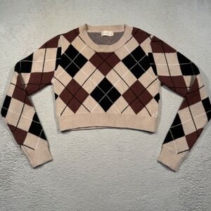 Altar'd State Brown Tan Black‎ Argyle Cropped Sweater Long Sleeve Knit Women's M